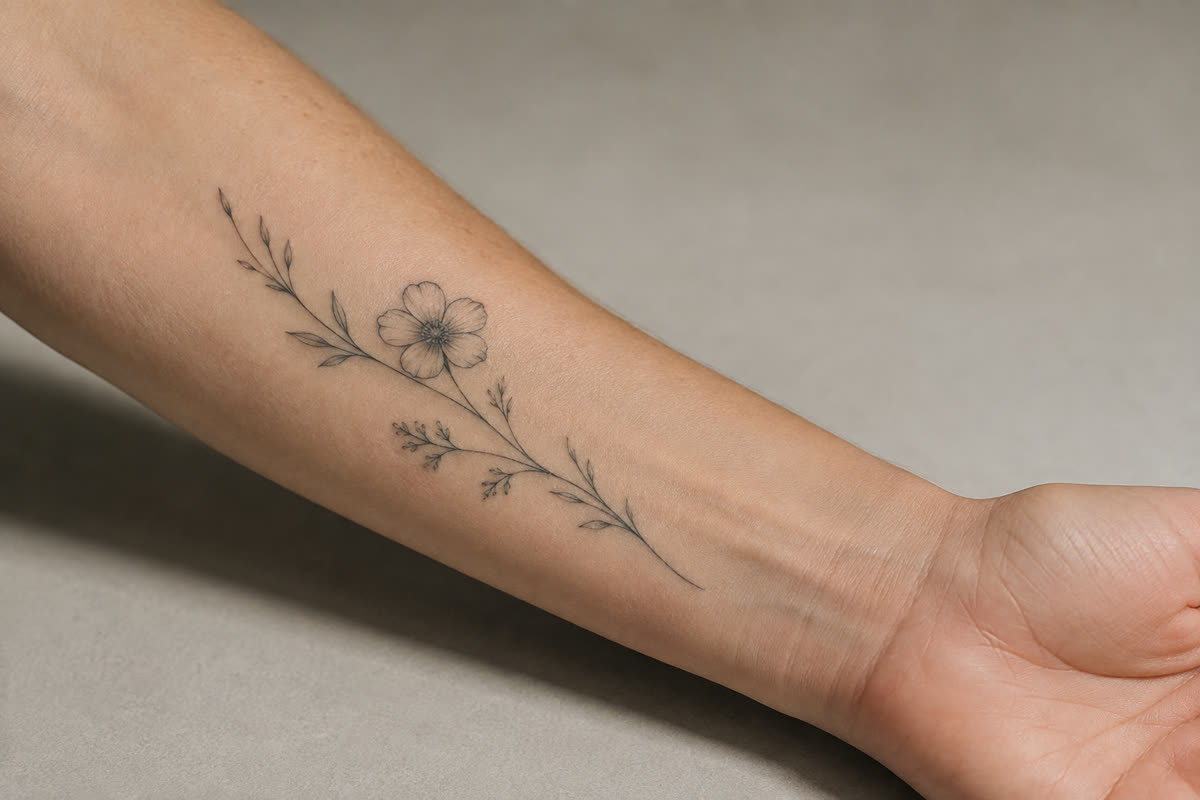 Fine-line botanical tattoo running along a forearm
