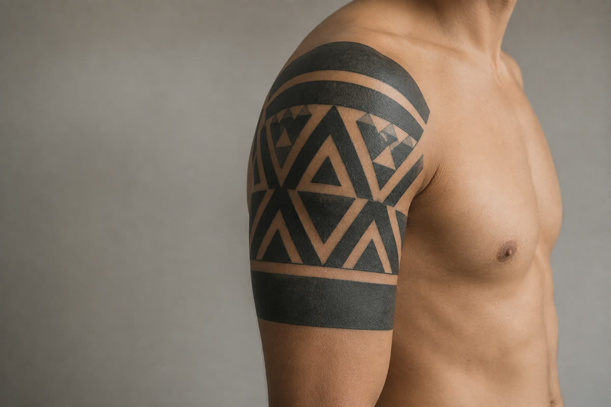 Bold blackwork geometric banding around an upper arm