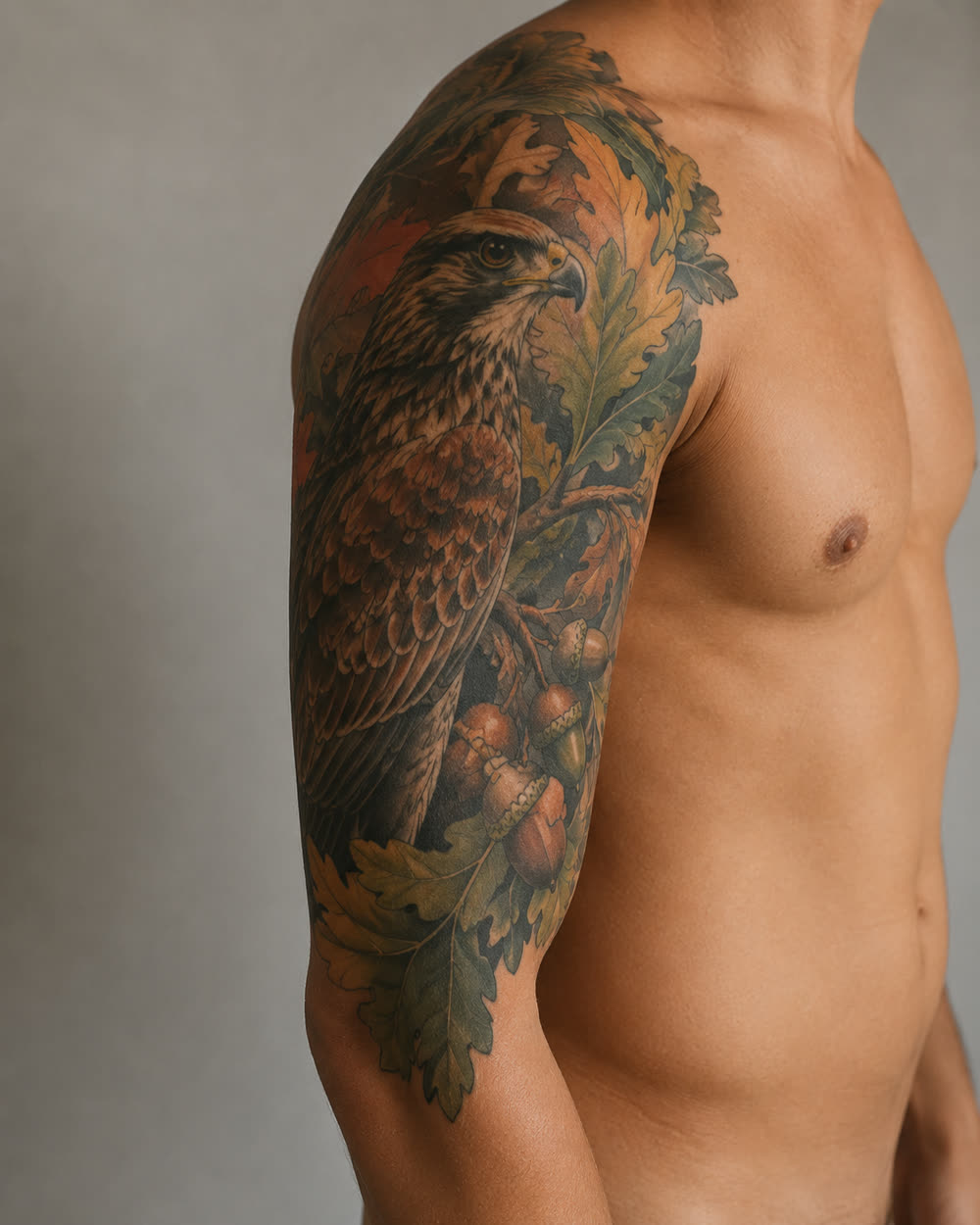 Large-scale colour tattoo covering an upper arm
