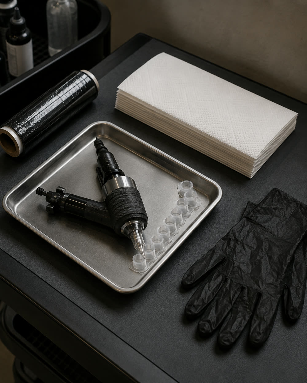 A tattoo workstation laid out before a session: machine, caps, wrap and gloves
