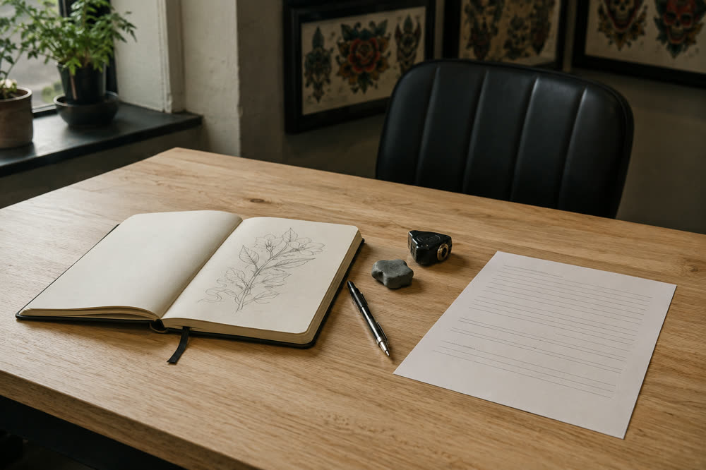 A studio desk with a sketchbook, pencil and a booking sheet