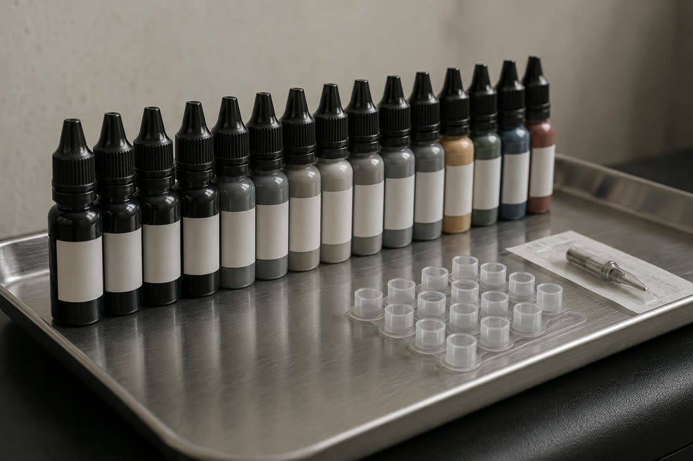 Rows of pigment bottles lined up on a steel tray