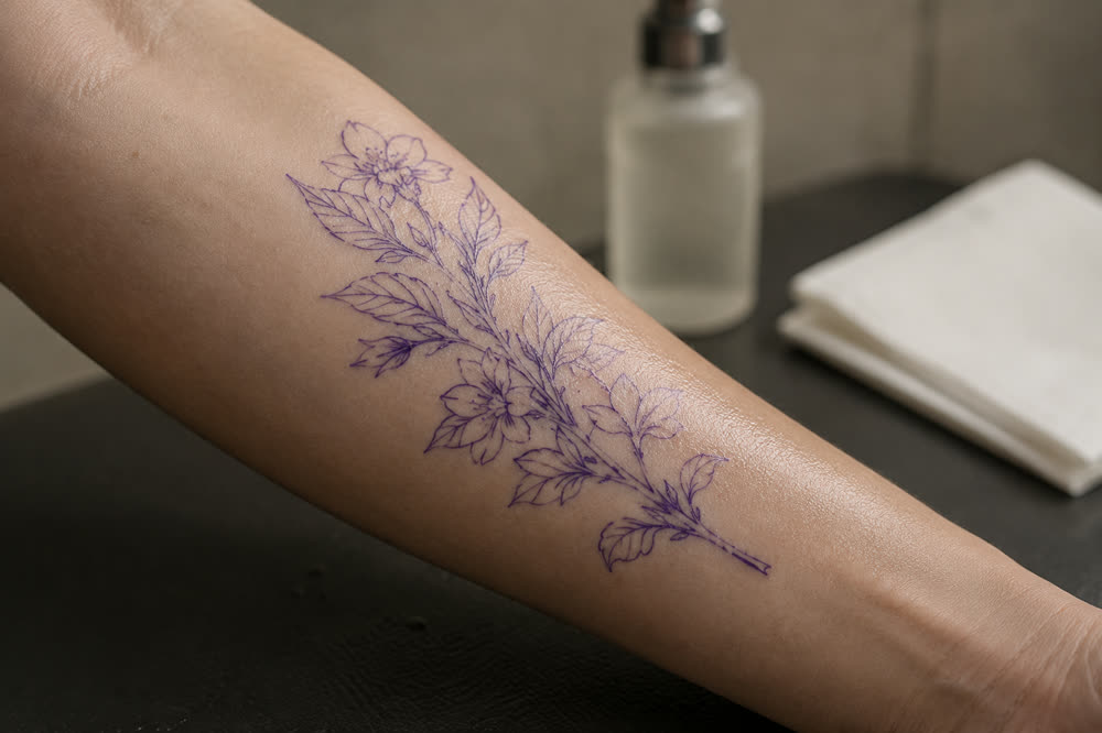 A purple stencil transfer applied to skin before a session