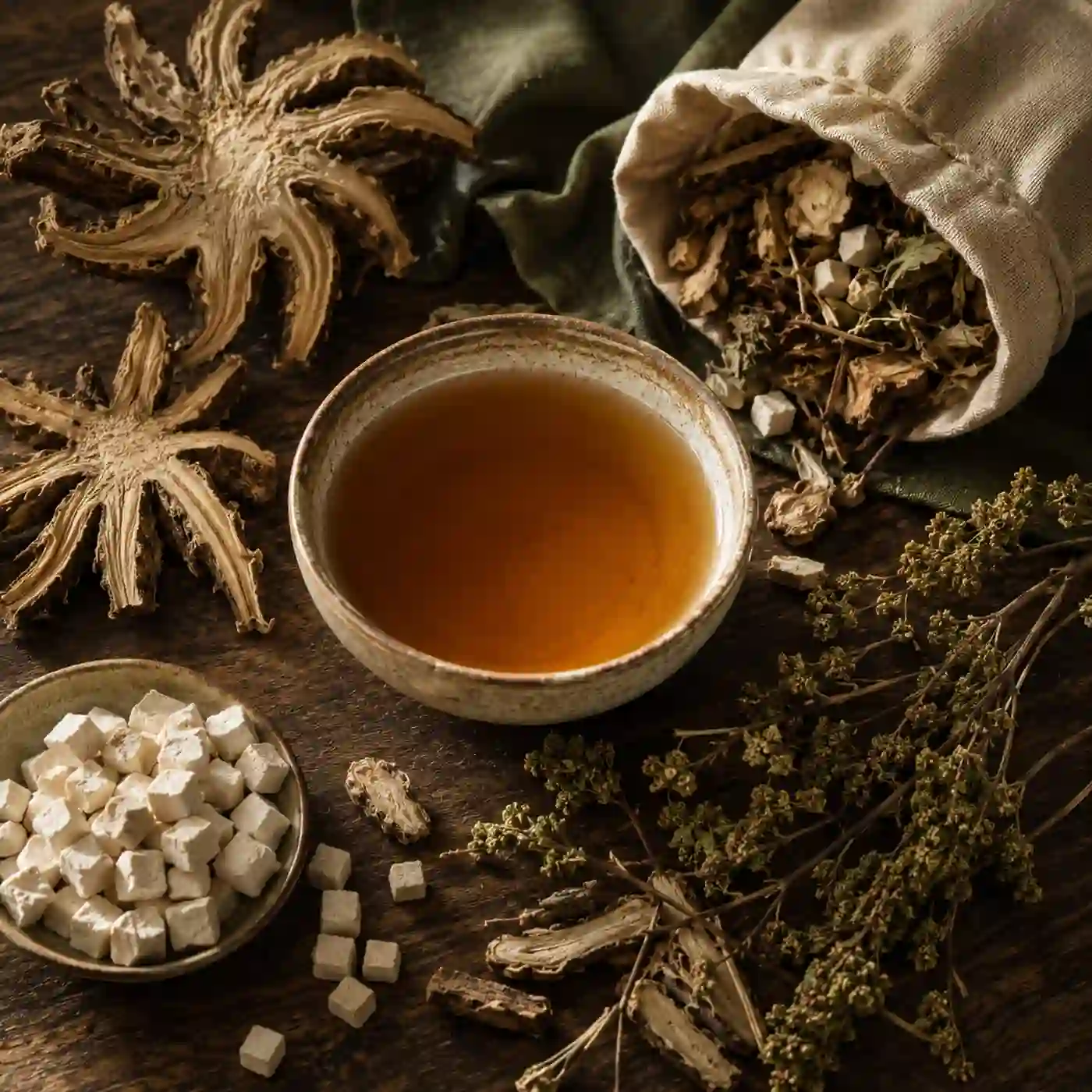 五指毛桃茯苓祛濕茶，木碗盛著茶湯，旁邊放著乾製五指毛桃根與茯苓