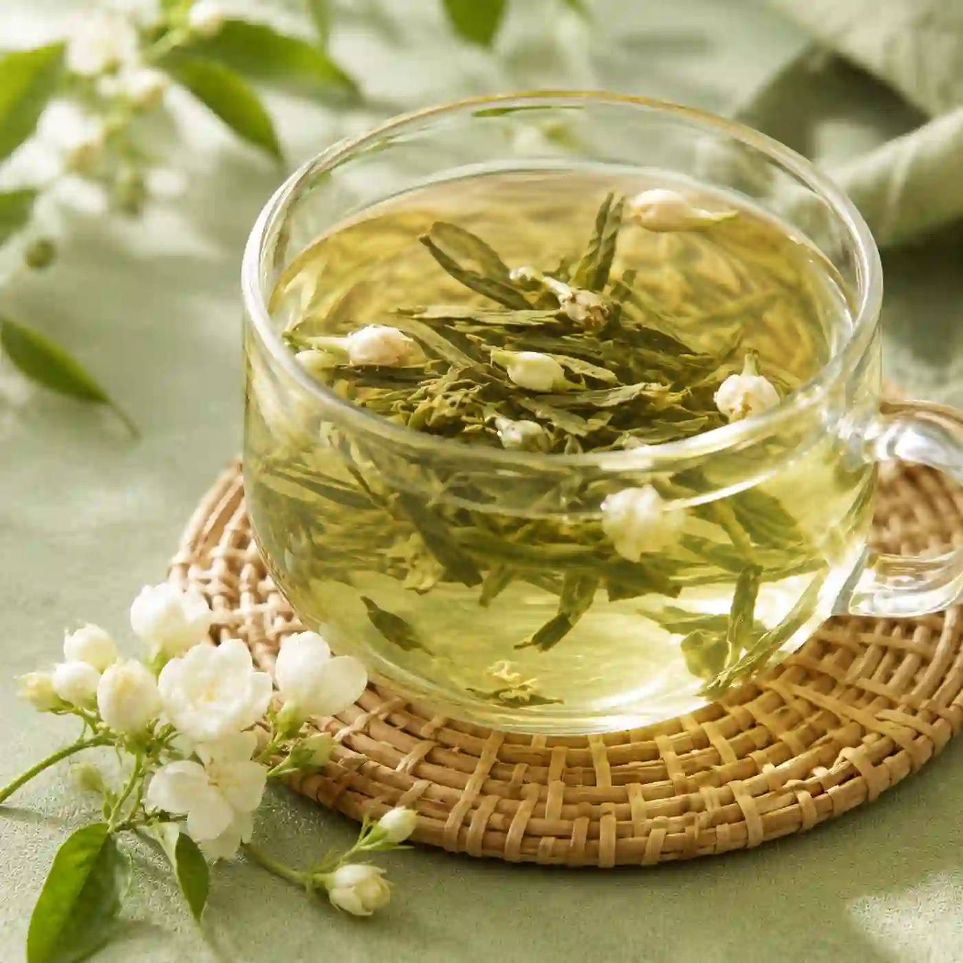 茉莉龍井茶，玻璃杯中漂浮茉莉花與龍井茶葉