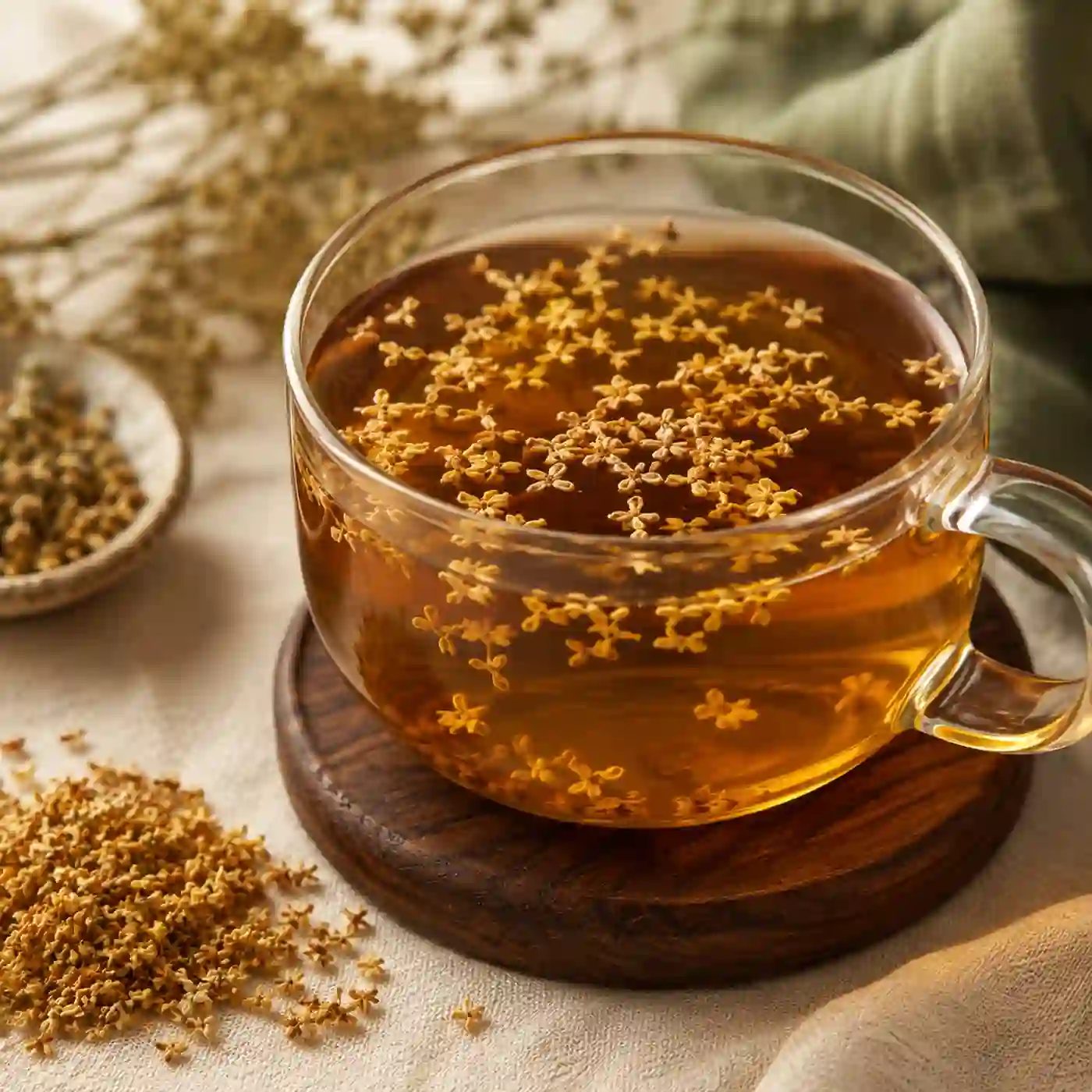 桂花烏龍茶，玻璃杯中浮著金黃桂花