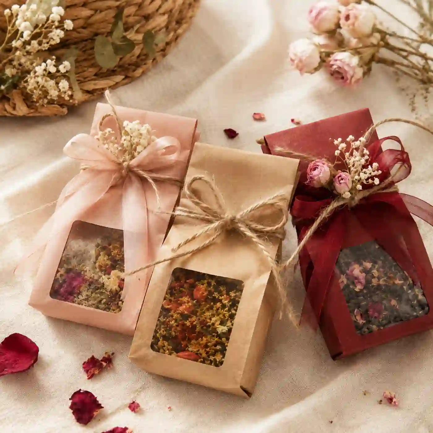 牛皮紙茶包用絲帶紮成婚宴回禮禮物